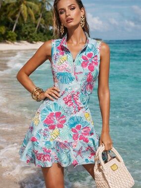 SONEVEN Tropical Print Sleeveless Zip Dress w/ Built-In Shorts Size S